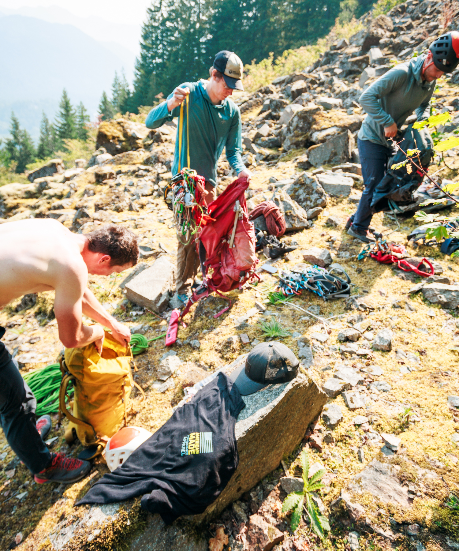 Sorting Climbing Gear At Tower Rock, WA to Climb Rapunzel's Back In Rehab while wearing NW Alpine Fortis. 